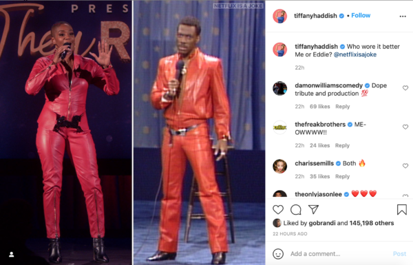 ‘Who Wore it Better’: Tiffany Haddish Recreates Eddie Murphy’s Iconic ‘Delirious’ Red Leather Suit