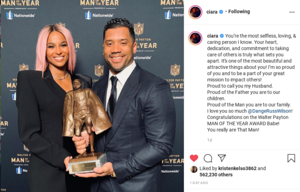 ‘You Are Really That Man’: Ciara Celebrates Russell Wilson’s Walter Payton NFL Man of the Year Award with a Loving Post