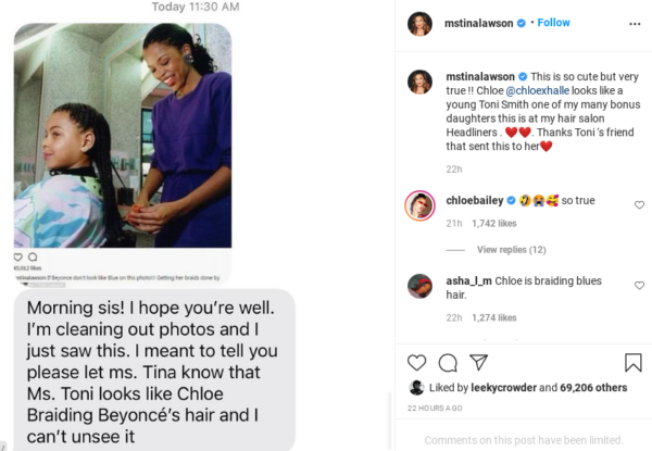 ‘The Resemblance Is 100 percent’: Tina Knowles-Lawson Shares Story Behind Viral Photo of Beyoncé Getting Her Braided by Chloe Bailey Look-Alike