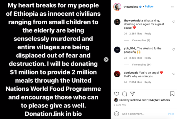 ‘My Heart Breaks for My People’: The Weeknd Donates $1 Million for Food Relief In Ethiopian Internal Conflict Region 