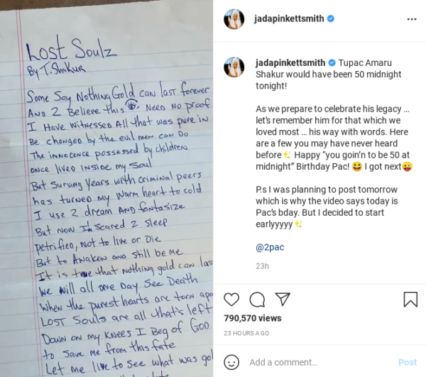 ‘This Is Beautiful’: Jada Pinkett Smith Shares Unreleased Poem ‘Lost Soulz’ By Tupac In Honor of What Would Have Been the Rapper’s 50th Birthday