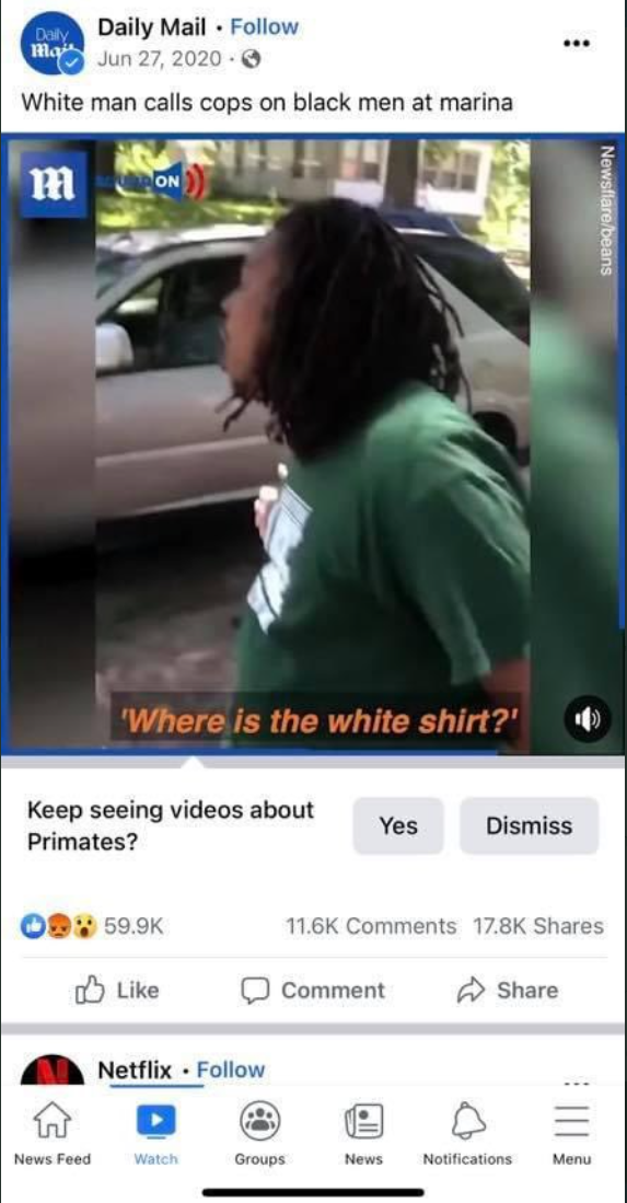 ‘Unacceptable’: Facebook Apologizes After Screenshot Exposes Its A.I. for Asking Users If They Want to ‘Keep Watching Videos About Primates’ Following Video Of Black Men
