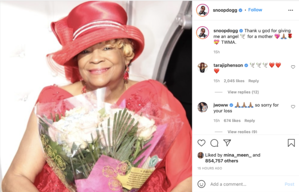 ‘An Angel for a Mother’: Snoop Dogg Mourns the Loss of His Mother with Heartfelt Post on Social Media
