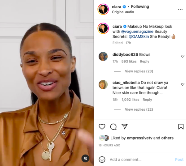 ‘Fix Them Eyebrows Baby’: Ciara’s Tutorial Video Goes Left When Fans Zero In on the Singer’s Eyebrows