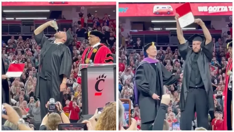 ‘Black Kids Can’t Even Dance Across That Mf’: Travis Kelce Slammed for Drinking Beer Onstage at a Unique College Graduation Ceremony