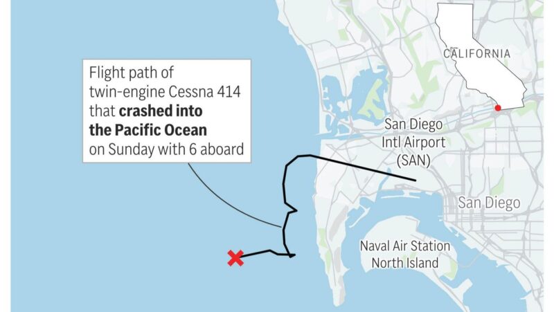 Small plane carrying six people crashes off the San Diego coast