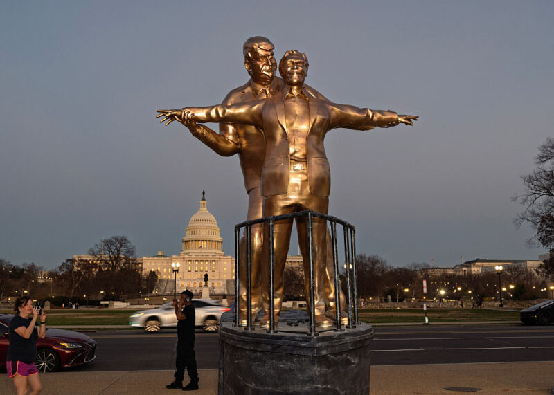 Titanic-Themed Statue Of Trump And Epstein Erected At National Mall. More Of This, Please!