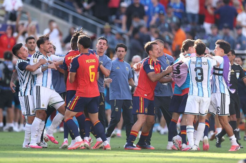 World Cup final erupts into brawl as Argentina players clash with Spain after heartbreaking loss
